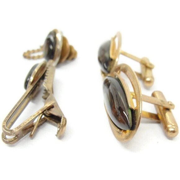 Vintage Cufflinks Round Gold Plated Abalone With Tie Tack And Tie Clip - Picture 3 of 14